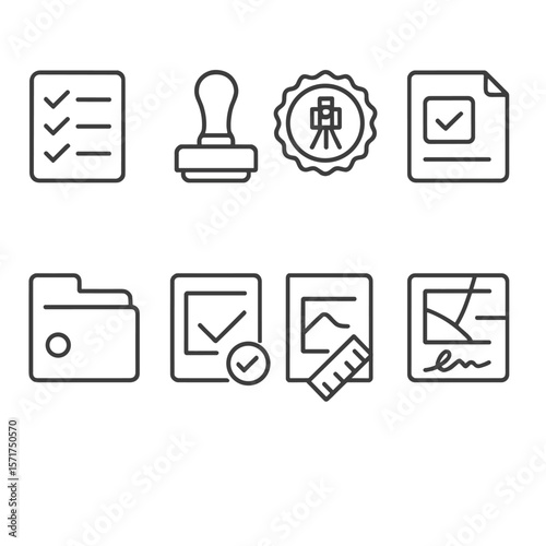Surveying Report Icons. Outline style icons of Surveying Report Icons: checklist icon, approval stamp, surveyor seal, compliance