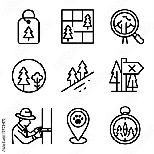 Forestry Survey Icons. Outline style icons of Forestry Surveying: tree plot tag, forest grid map, canopy analysis icon,
