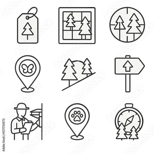 Forestry Survey Icons. Outline style icons of Forestry Surveying: tree plot tag, forest grid map, canopy analysis icon,