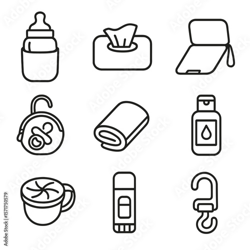 Diaper Bag Essentials Icons. Line style icons of On-the-Go Diaper Bag: insulated bottle pocket, travel wipe case, fold-out change