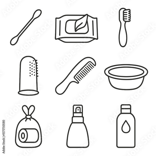 Baby Hygiene Essentials Icons. Line style icons of Baby Hygiene Kit: gentle cotton swab, alcohol-free wipe, soft bristle