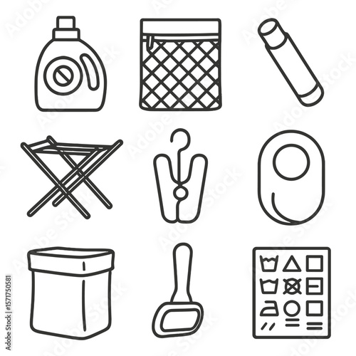 Baby Laundry Essentials Icons. Line style icons of Baby Laundry Day: fragrance-free detergent, mesh garment bag, laundry stain