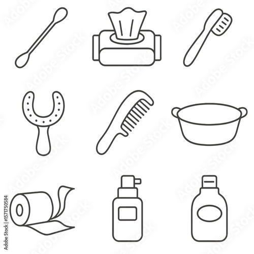 Baby Hygiene Essentials Icons. Line style icons of Baby Hygiene Kit: gentle cotton swab, alcohol-free wipe, soft bristle