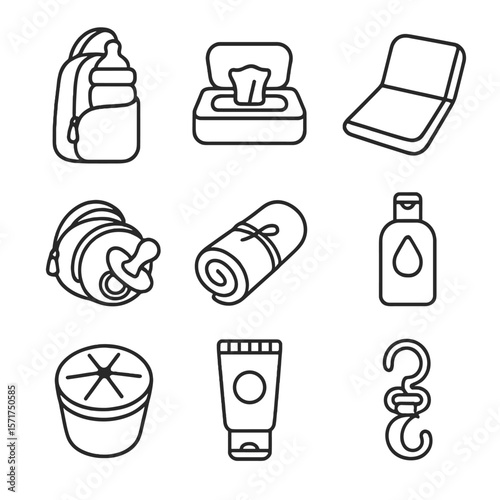 Diaper Bag Essentials Icons. Line style icons of On-the-Go Diaper Bag: insulated bottle pocket, travel wipe case, fold-out change