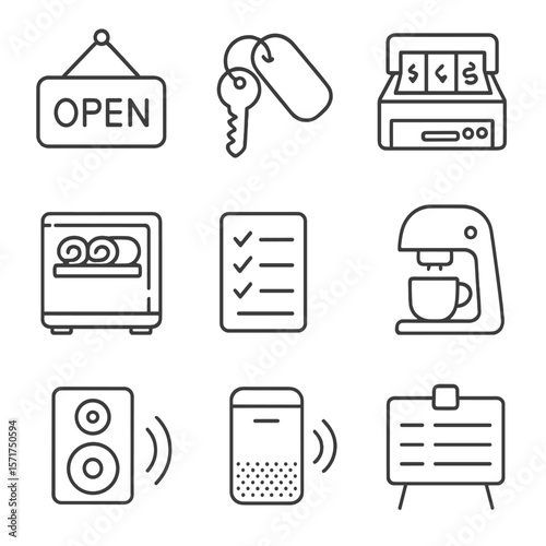 Salon Opening Icons. Line style icons of Salon Opening Checklist: illuminated open sign, key fob set, cash drawer till, towel