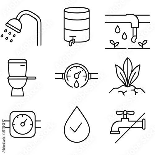 Water Conservation Icons. Line style icons of Water Conservation: low-flow showerhead, rain barrel, drip irrigation hose, leak