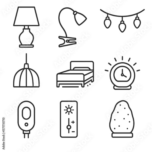 Bedroom Mood Lighting Icons. Line style icons of Bedroom Mood Lights: bedside lamp, reading clip light, string fairy lights,