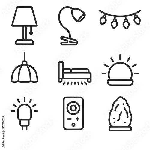 Bedroom Mood Lighting Icons. Line style icons of Bedroom Mood Lights: bedside lamp, reading clip light, string fairy lights,