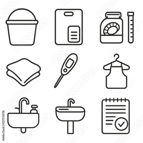 Restaurant Sanitation Icons. Line style icons of Restaurant Sanitation Kit: food-safe sanitizer bucket, color-coded cutting board,