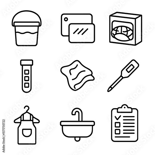Restaurant Sanitation Icons. Line style icons of Restaurant Sanitation Kit: food-safe sanitizer bucket, color-coded cutting board,