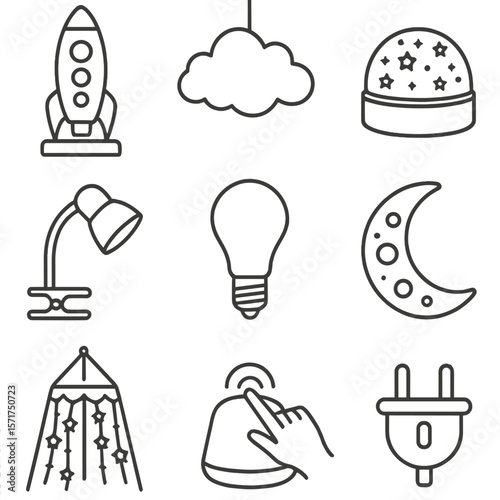 Children's Room Lighting Icons. Line style icons of Children’s Room Fun Lamps: rocket night-light, cloud ceiling lamp, star