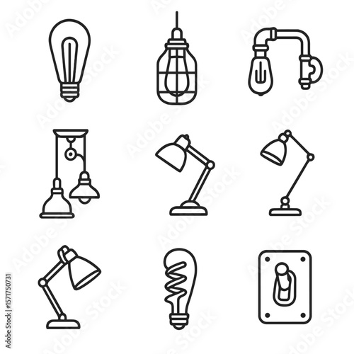 Vintage Lamp Icons. Line style icons of Vintage & Industrial Lamps: Edison bulb, cage pendant, pipe sconce, pulley chandelier,