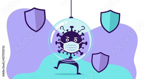 Baffled Virus In Protective Bubble Surrounded By Shields Illustrating Immunity Concept