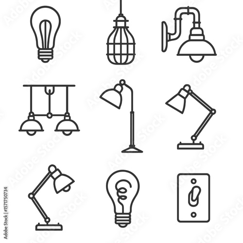 Vintage Lamp Icons. Line style icons of Vintage & Industrial Lamps: Edison bulb, cage pendant, pipe sconce, pulley chandelier,