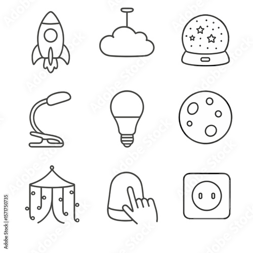 Children's Room Lighting Icons. Line style icons of Children’s Room Fun Lamps: rocket night-light, cloud ceiling lamp, star
