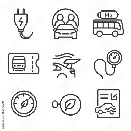 Transportation Emission Icons. Line style icons of Transportation Emission Cuts: EV charging plug, carpool badge, hydrogen bus