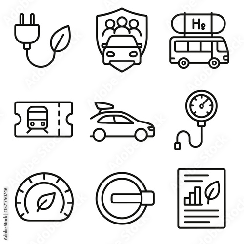 Transportation Emission Icons. Line style icons of Transportation Emission Cuts: EV charging plug, carpool badge, hydrogen bus