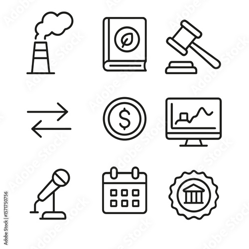 Air Quality Policy Icons. Line style icons of Air Quality Policy Tools: emission permit stack, ambient standard book, enforcement