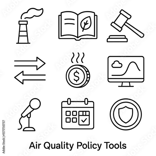 Air Quality Policy Icons. Line style icons of Air Quality Policy Tools: emission permit stack, ambient standard book, enforcement
