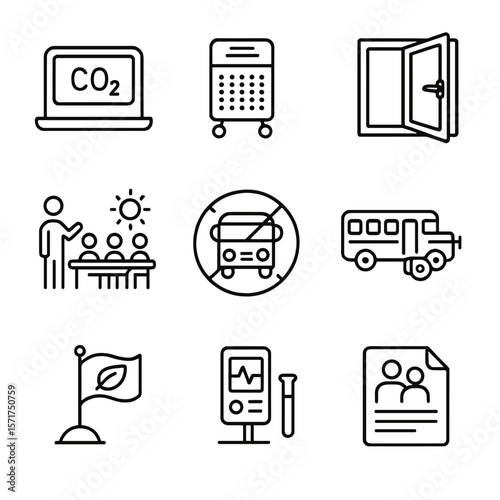 Clean-Air School Measures. Line style icons of School Clean-Air Measures: classroom CO₂ monitor, HEPA purifier cart, open window
