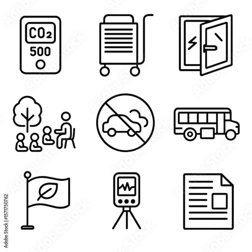 Clean-Air School Measures. Line style icons of School Clean-Air Measures: classroom CO₂ monitor, HEPA purifier cart, open window