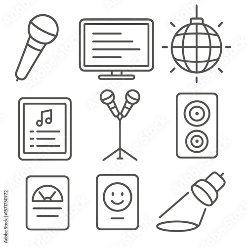 Home Karaoke Icons. Line style icons of Home Karaoke Party: karaoke mic, lyric TV display, duet mic stand, disco ball, song queue