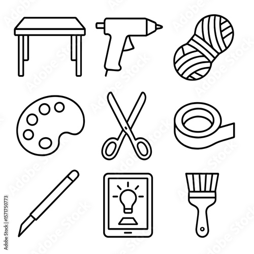 DIY Craft Night Icons. Line style icons of DIY Craft Night: craft table, hot-glue gun, yarn skein, paint palette, scissors, washi