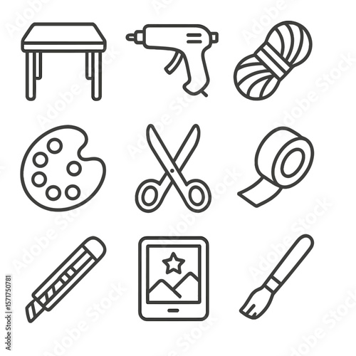 DIY Craft Night Icons. Line style icons of DIY Craft Night: craft table, hot-glue gun, yarn skein, paint palette, scissors, washi