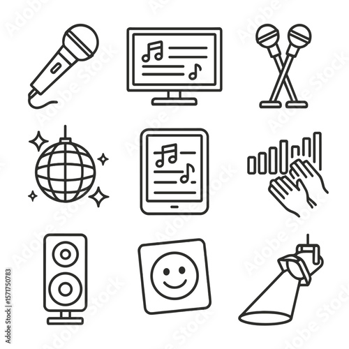 Home Karaoke Icons. Line style icons of Home Karaoke Party: karaoke mic, lyric TV display, duet mic stand, disco ball, song queue