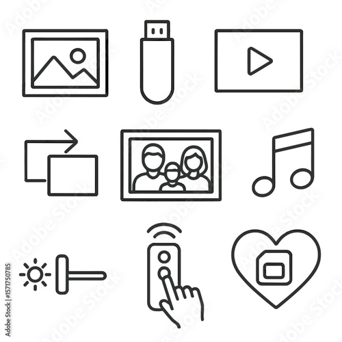 Digital Slideshow Icons. Line style icons of Digital Photo Slideshow: picture frame, USB thumb drive, slideshow play button,