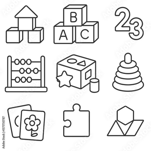 Educational Toy Icons. Line style icons of Educational toys: wooden building blocks, alphabet blocks, number magnets, abacus,