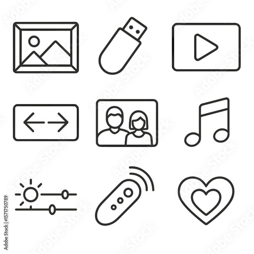 Digital Slideshow Icons. Line style icons of Digital Photo Slideshow: picture frame, USB thumb drive, slideshow play button,