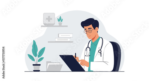 Doctor Taking Notes In Office, Professional Healthcare Illustration Concept