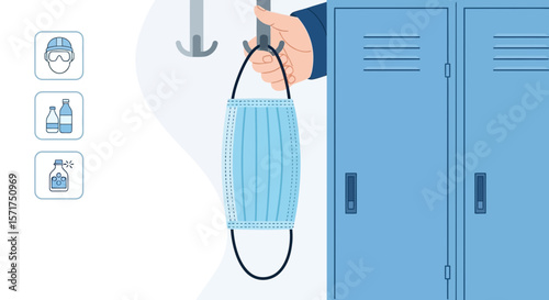 Protective Mask Hanging Near Lockers For Safe Return To The Classroom