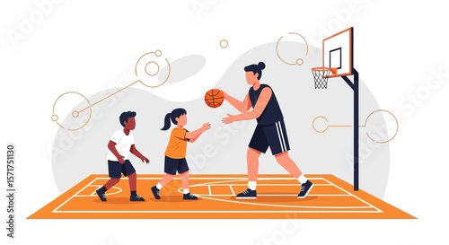 Basketball Training Session With Youngsters On Court Under Guidance Coach