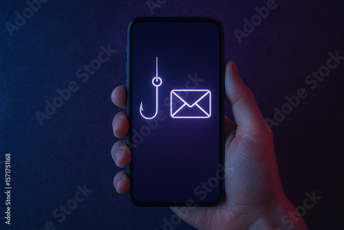 Digital Deception: A hand delicately holds a smartphone displaying an illuminated phishing concept, the glowing email symbol hanging precariously from a fishing hook.