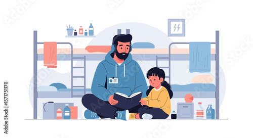 Loving Father Shares A Special Story Time With Daughter Inside Bunk Room