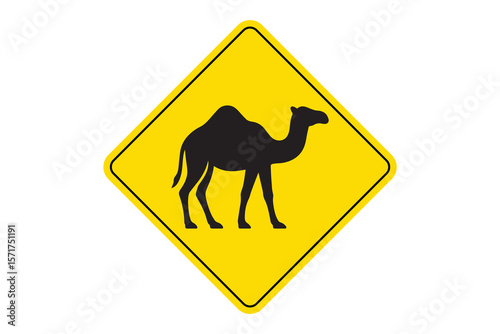 Camel Crossing Sign – Yellow Road Warning with Animal Silhouette – High Quality Stock Image