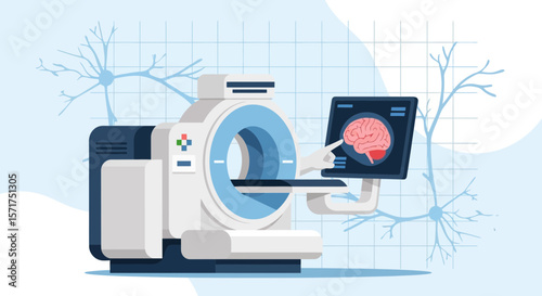 Magnetic Resonance Imaging Machine With Human Brain On The Screen Illustration
