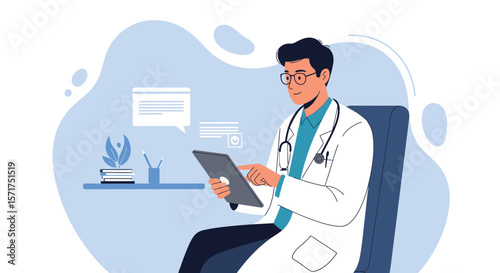 Doctor Working With Digital Tablet Conducting Online Consultation in Clinic