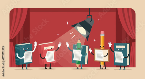 Books And Pencil Performing On Stage Under A Spotlight Cartoon Illustration