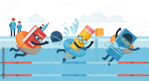 Books And Pencils Swimming To Success Summer Learning Cartoon Characters