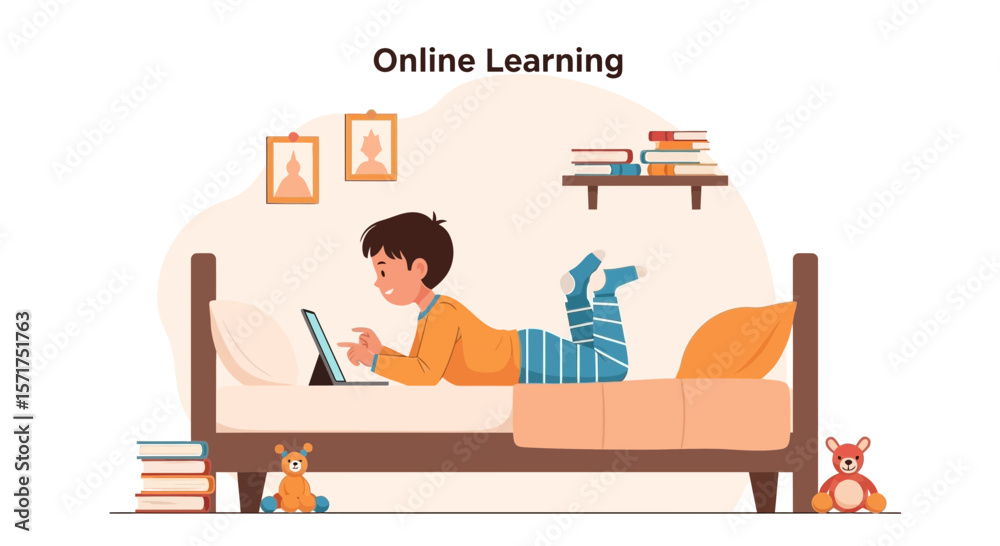 Fototapeta premium Boy Enjoys Distance Education Studying From Bed Using Tablet