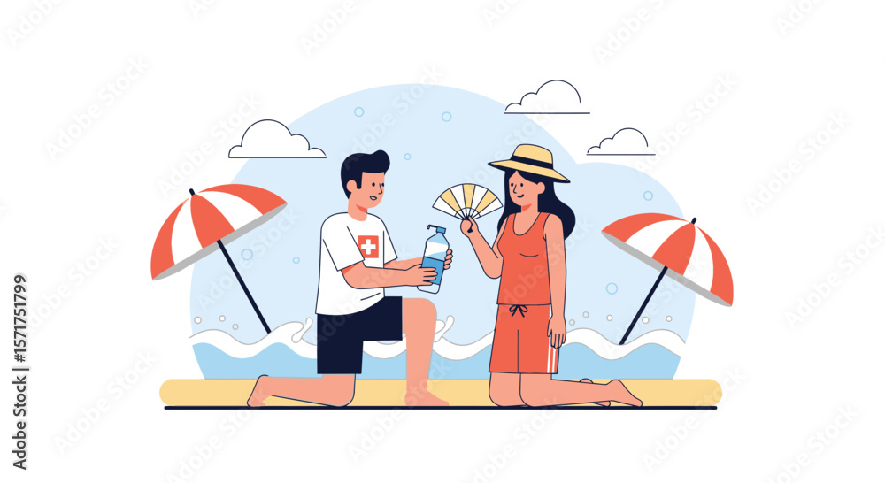 Obraz premium Refreshing Beach Day Scene With Woman And Man Offering Water Bottle