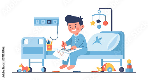 Boy Drawing In Hospital Bed Illustrates Hope and Creativity in Medical Setting