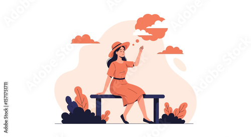 Dreamy Afternoon Scene Of A Woman Sitting Peacefully On A Park Bench