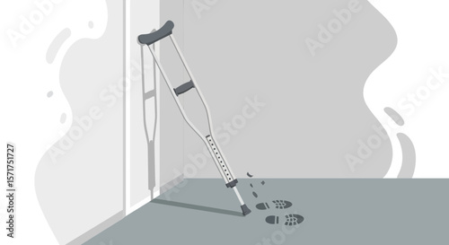Recovery From Foot Injury Concept With Shoe Prints And A Crutch Against Wall