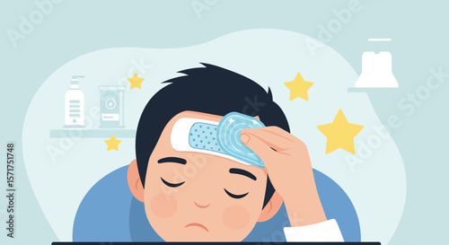 Boy Experiencing Fever, Using Cool Gel Pack to Lower Temperature Cartoon