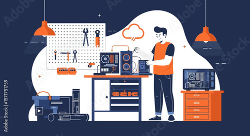 Man Assembling Computer Hardware In Workshop For Upgrade And Cloud Computing