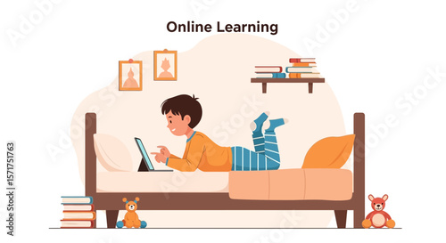 Boy Enjoys Distance Education Studying From Bed Using Tablet